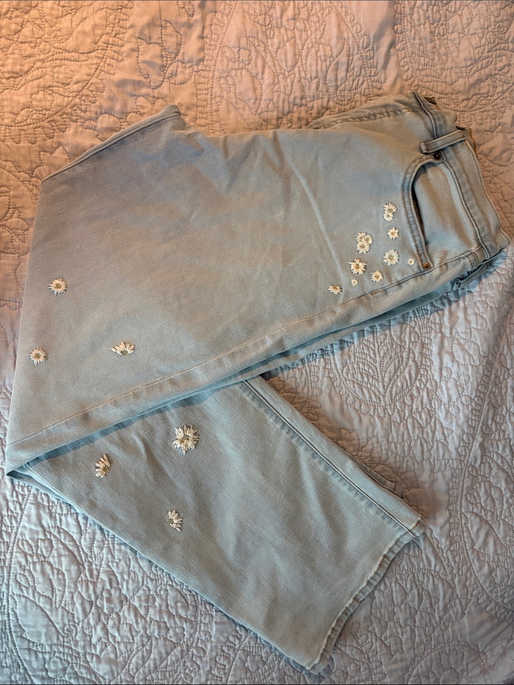 Jessica Simpson Light Blue Daisy Embroidered Wide Leg Boyfriend Jeans